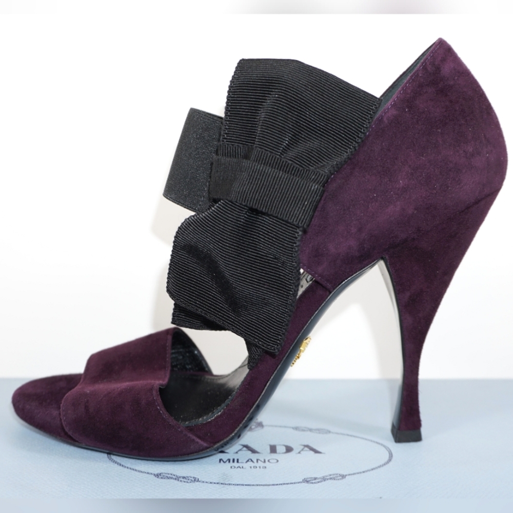 Prada Calzature Purple Plum Bowtie Open Toe Sandals Pumps Heels Size 39 / 9 - Picture 4 of 6